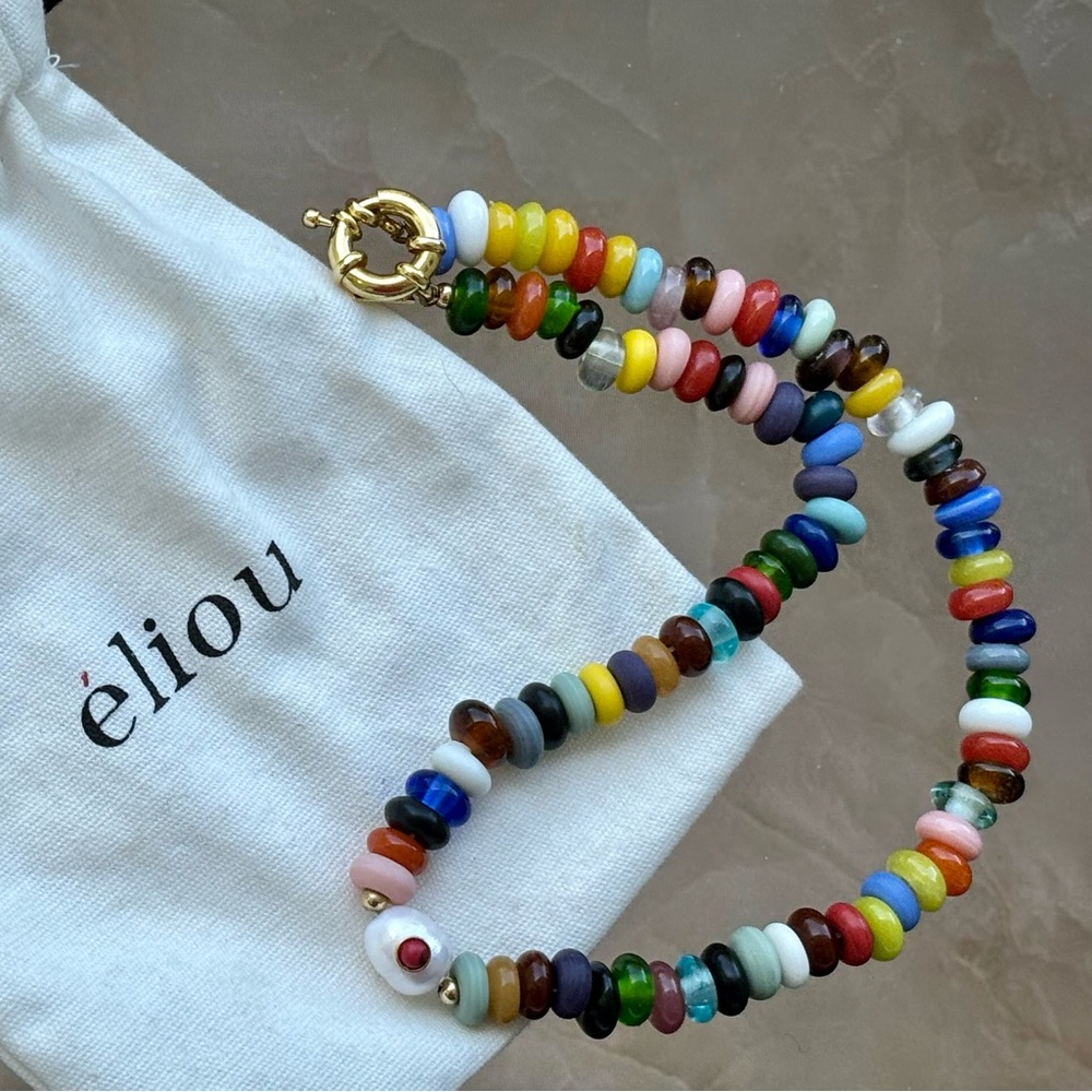 Eliou Vivi Rainbow Glass Disk Bead Necklace with Gold Toggle